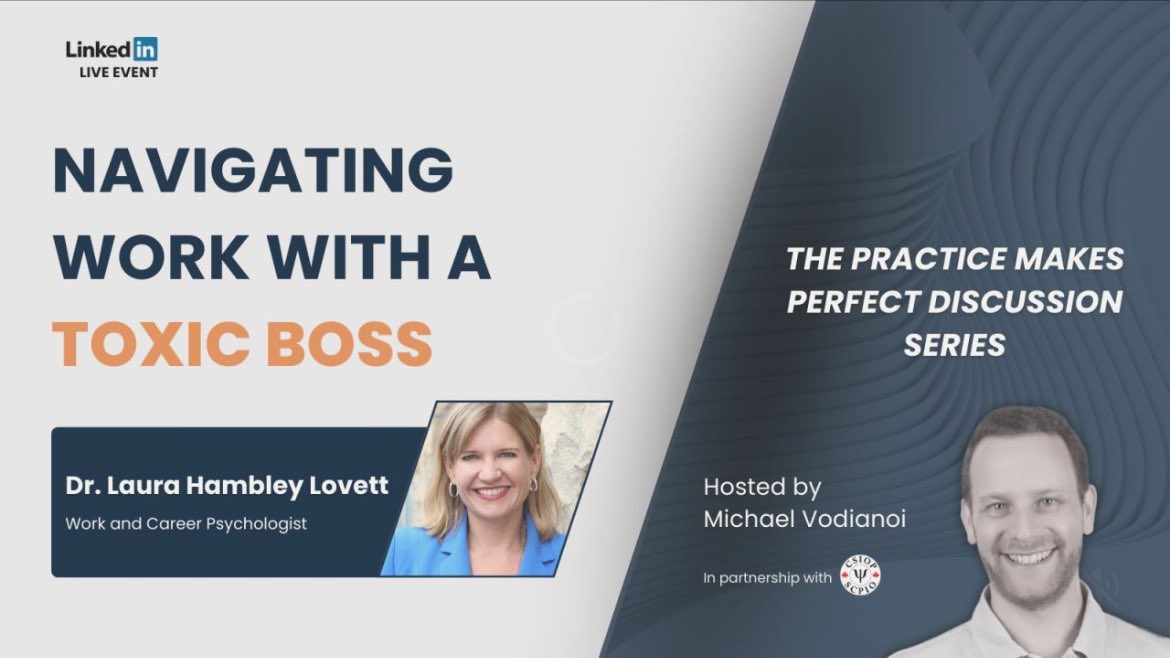 CSIOP_SCPIO's tweet image. #CSIOP 

Have you ever had a toxic manager? 

This is the perfect discussion for you where Michael Vodianoi and Dr. Laura Hambley Lovett explore deep into this topic to help you understand, identify, and navigate work with toxic bosses.

Watch it here: linkedin.com/video/event/ur…