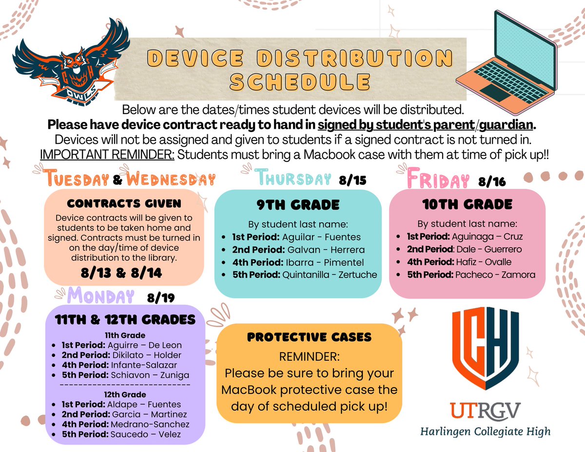 Hello HCH parents! Device Distribution is scheduled for this week.💻 Students will receive their Student Technology Lending Agreement form during their first period on the first day of school. See flyer for more details! 😊
