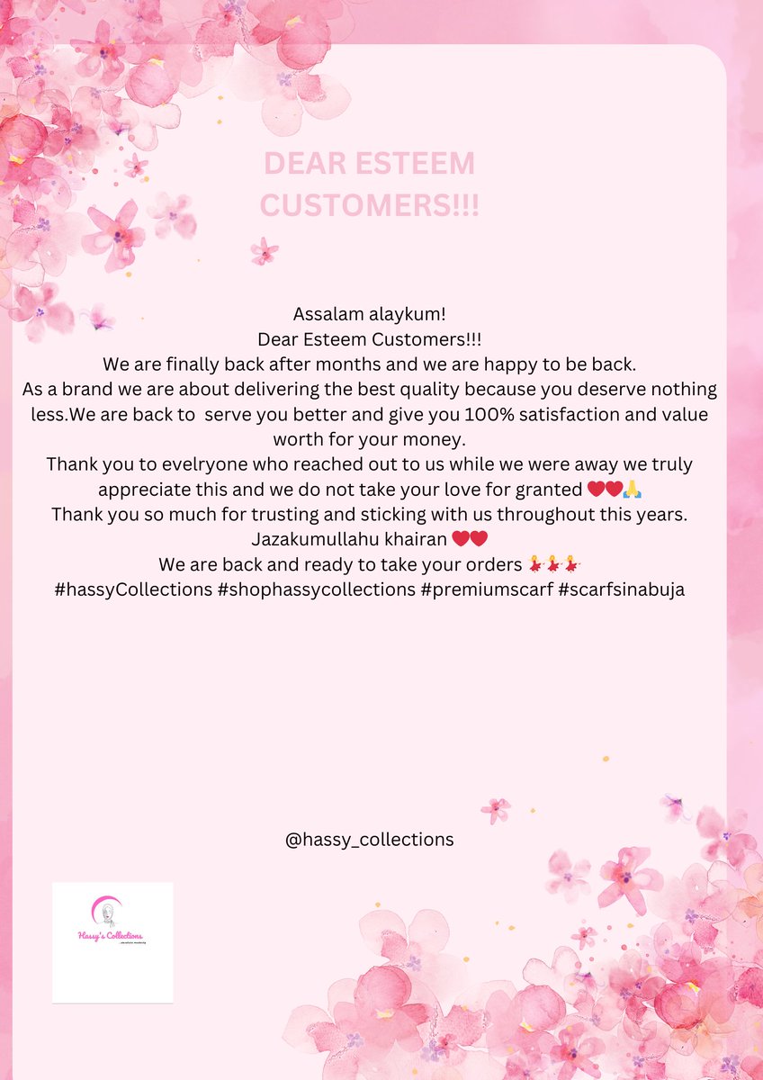 HassyCollectns's tweet image. Assalam alaykum!
Dear Esteem Customers!!!
We are finally back after months and we are happy to be back.
As a brand we are about delivering the best quality because you deserve nothing less.We are back to serve you better and give you 100% satisfaction and value worth for your