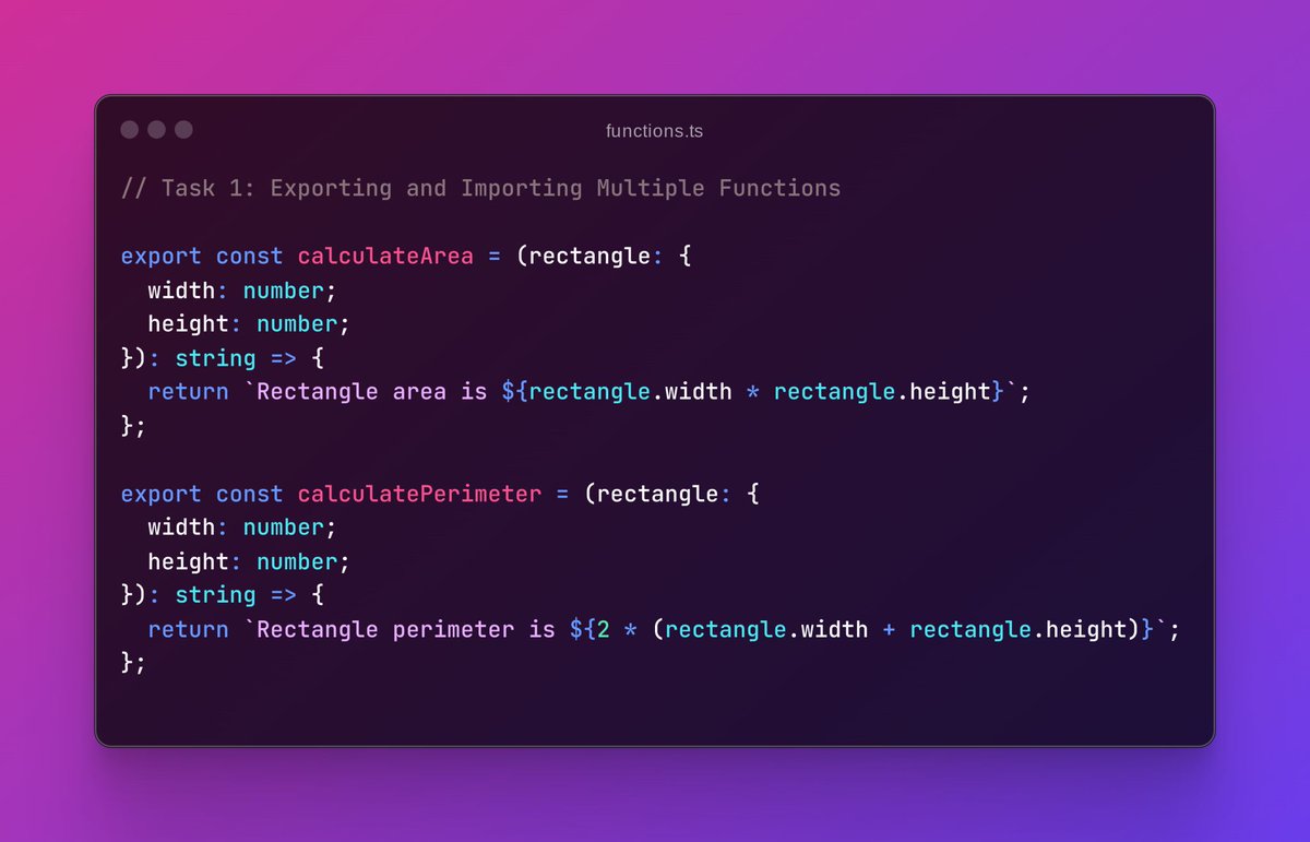 realg701's tweet image. Day 8:-
Task 1: Export & Import Multiple Functions
Task 2: Export & Import Interfaces and Classes
30 days coding challenge started by #Hello_Coders admins Kanwal Heer | Naimal Arain | Filza Khan
#Hello_Coders_Probelm_Solving_Challenge
#Problem_Solving
#From_Basic
#Challenge
#DSA