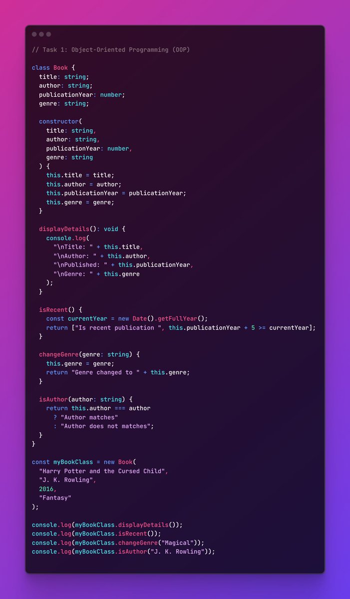 realg701's tweet image. Day 7:-
Task 1: Object-Oriented Programming (OOP) Approach.
Task 2: Nested Object with Interfaces
30 days coding challenge started by #Hello_Coders admins Kanwal Heer | Naimal Arain | Filza Khan
#Hello_Coders_Probelm_Solving_Challenge
#Problem_Solving
#From_Basic
#Challenge
#DSA
