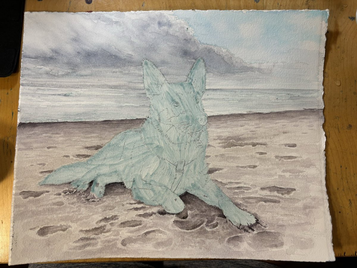 JessEvans915's tweet photo. Okay, here it is. A watercolor of the goodest boy—Pike. And a few of the steps leading up to it. (The blue on the final image is masking fluid so I could paint the water and sky more fluidly). #watercolor #goodestboy #madebyhumans #pnwdogs https://t.co/Y8LuMn9JE8
