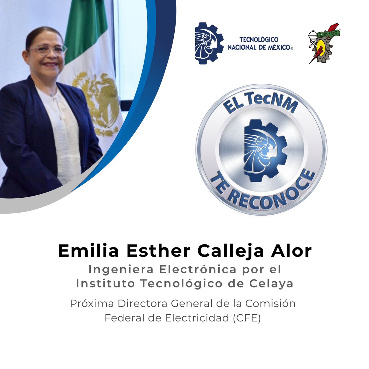 #ComunidadTecNM 
Nuestro reconocimiento a Emilia Esther Calleja Alor, Ingeniera Electrónica egresada del Instituto Tecnológico de Celaya, por su designación por parte de la presidenta electa <a href="/Claudiashein/">Claudia Sheinbaum Pardo</a> como la primera Directora General de la <a href="/CFEmx/">CFEmx</a>