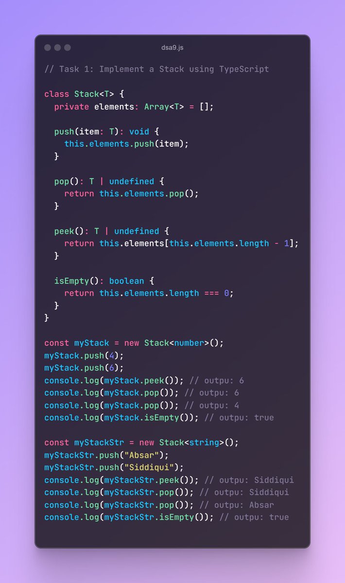realg701's tweet image. Day 9:-
Task 1: Implement a Stack using TypeScript
Task 2: Implement a Queue using TypeScript
30 days coding challenge started by #Hello_Coders admins Kanwal Heer | Naimal Arain | Filza Khan
#Hello_Coders_Probelm_Solving_Challenge
#Problem_Solving
#From_Basic
#Challenge
#DSA