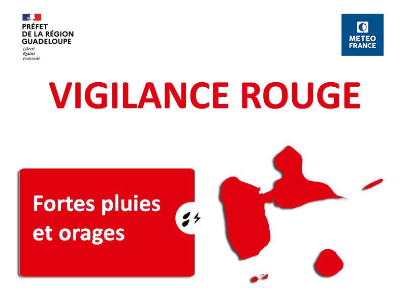 #Météo Ce lundi 12/08/24 à 18h00, la Guadeloupe est placée en vigilance rouge pour fortes pluies et orages, en vigilance orange pour vagues-submersion et en jaune pour vents violents. 
La fin de l'événement est estimée 14/08 à 18h00.

ℹ️ meteofrance.gp/fr/vigilance/g…