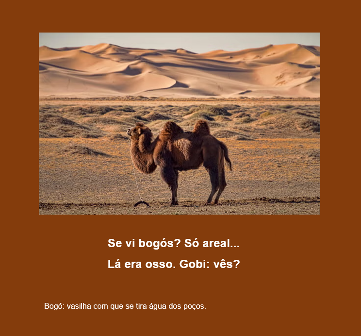 gilbertohira's tweet photo. #desafiopalindromo170

Tema: desertos

Se vi bogós? Só areal... 
Lá era osso. Gobi: vês?

#mostraparalela
#palindromo

Bogó: vasilha com que se tira água dos poços. https://t.co/La8H4ibsNi
