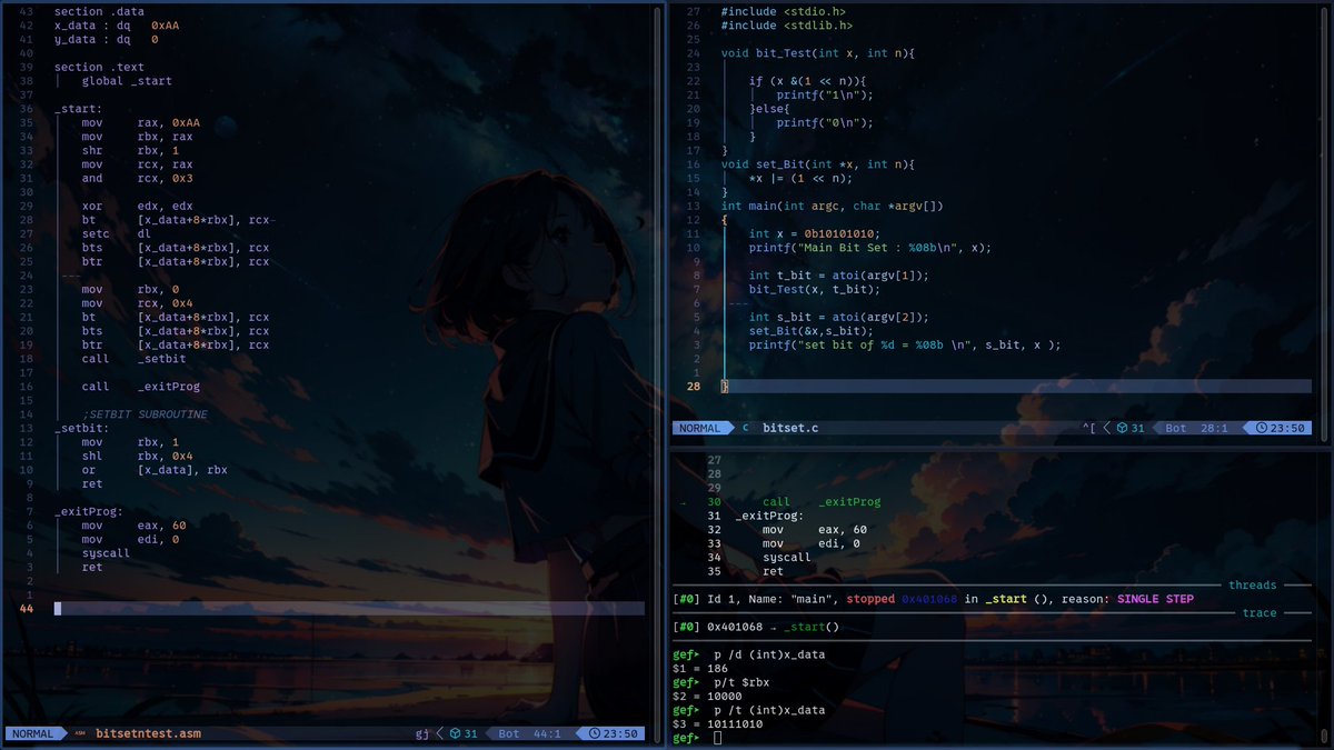 mu_chrinovic's tweet image. Day 0b11011 of #LowLevelProgramming

&amp;gt;The Implementation of bit set and test from the book was quite obscure  so I had to turn to C first  
&amp;gt;Finally understood bit indexing and what ever this -&amp;gt; &quot;[val + 8*rbx], rcx&quot; meant. It took me a while 
&amp;gt;I need learn more inline ASM in C