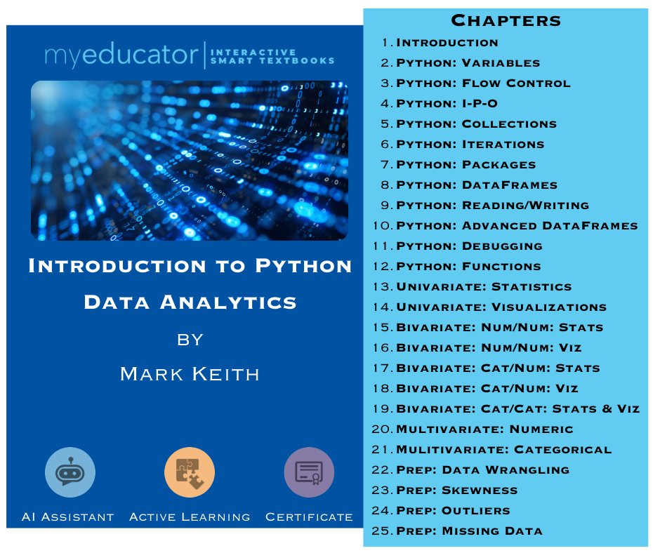 MyEducatorLLC's tweet image. This is an introduction to Python programming, statistics, data cleaning, and automating data analytics--equipping students with essential skills and a strong conceptual foundation in data science.
@AISConnect #MyEducator #pythondataanalytics #EdTech #AI #College #Textbooks