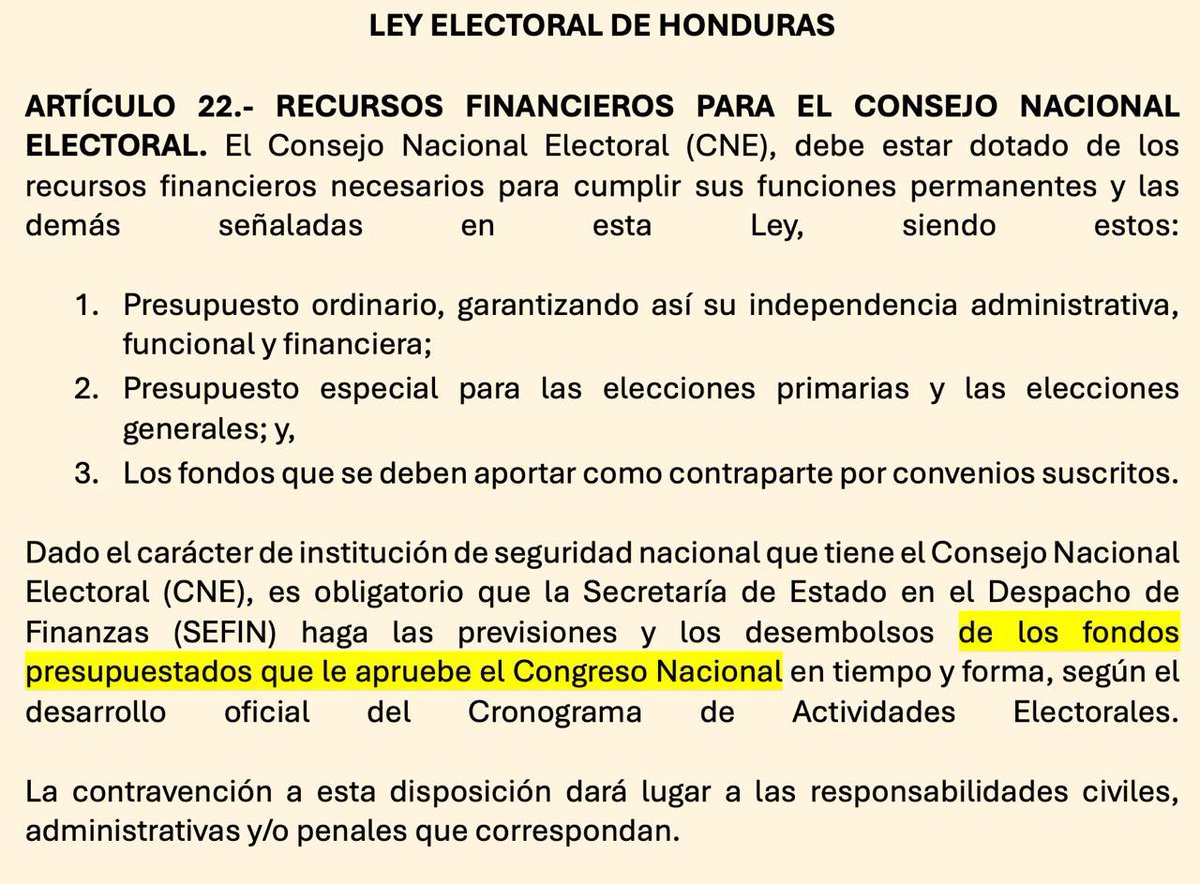 MarlonOchoaHN's tweet photo. Por instrucciones de la Presidenta @XiomaraCastroZ, la @SEFINHN se encuentra en diálogo permanente con el Congreso Nacional para la aprobación del presupuesto especial para las elecciones del 2025, y emitirá su dictamen una vez que el Congreso así lo requiera. 

La SEFIN no cuenta con las facultades legales para remitir el Presupuesto al Congreso Nacional. De acuerdo con el artículo 21 de la Ley Electoral, quien debe remitirlo es el propio Consejo Nacional Electoral. Según el artículo 22 de esta misma Ley, la SEFIN debe provisionar el Presupuesto, una vez lo haya aprobado el Congreso Nacional.