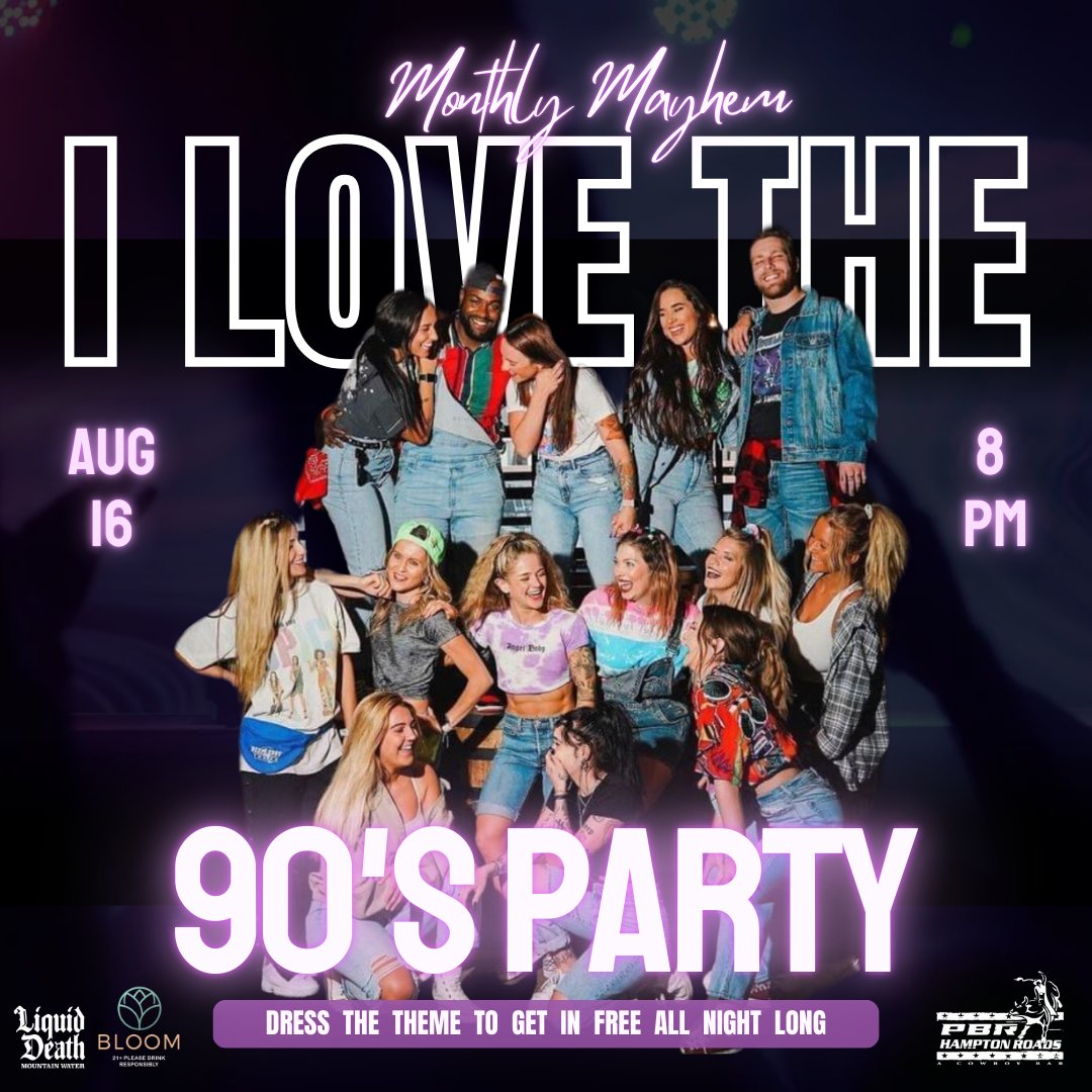 PBRHampton's tweet photo. PARTY PEOPLE!! Lace up your 👟👟 and put on your fanny packs! I Love the 90s Monthly Mayhem is THIS FRIDAY, Aug. 16! 

Dress the theme for FREE COVER  + access to the best dressed contest with giveaways ALL NIGHT LONG! Party starts at 8PM! https://t.co/DnyVJWAyeS