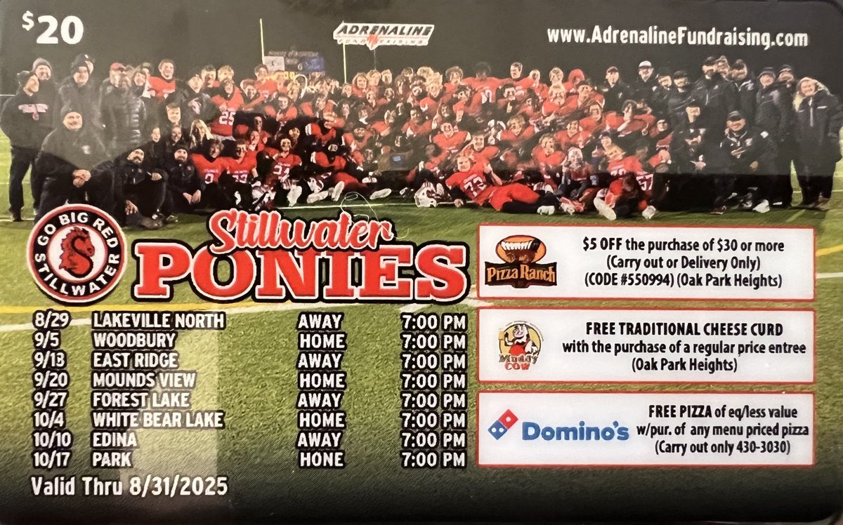 Ponies_Football's tweet image. Please support the Stillwater football program as our high school players sell Ponies Cards supported by businesses in The St. Croix Valley and beyond!
#ponypride