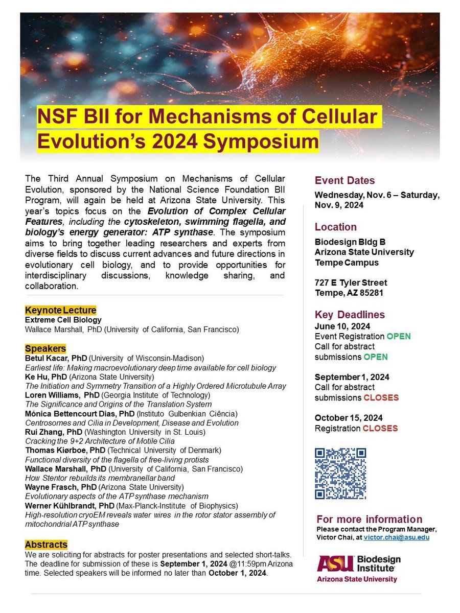 Annual Symposium on #evolution of #cellular processes at #ASU this November. Nov. 6-9. Registration deadline Sep 1.
