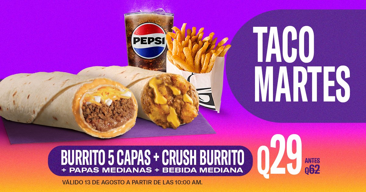 Dos burritos siempre son mejor que uno 🌯🌯💜

Combo incluye: Burrito 5 Capas + Crush Burrito + Papas Medianas + Bebida Mediana por Q29.

Pídelo en restaurantes o a domicilio al 2202-0111. 

📲Ordena aquí lili.ly/df4102bf

*Válido 13 de agosto a partir de las 10am.