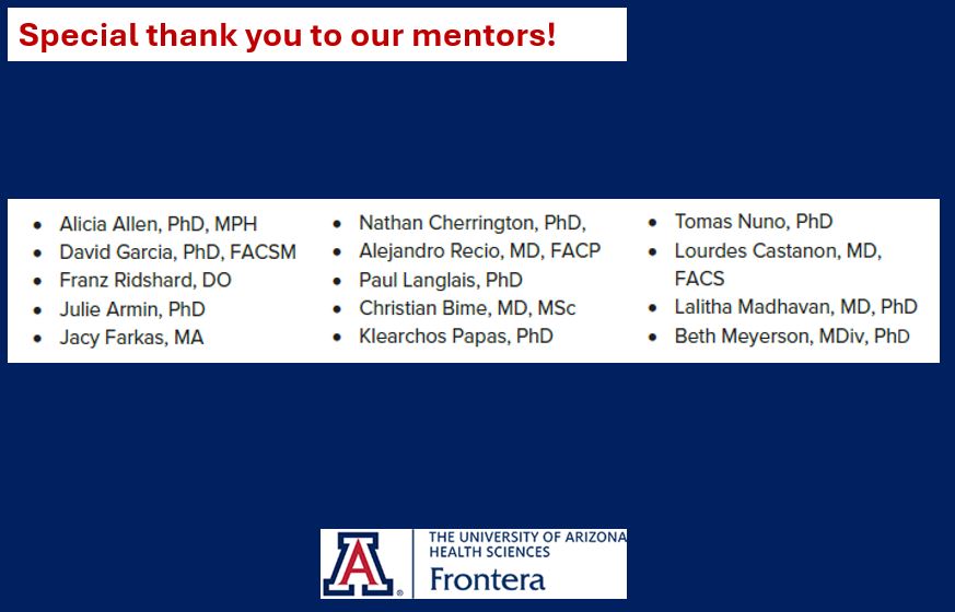 ALE8ZAPIEN's tweet photo. Last week, #FRONTERA 16 interns showcased their research projects and posters at the closing ceremony @uarizona

I want to thank this year's mentors who guided and supported our students throughout these 10 weeks. 
@md_castanon 
Thank you to my team @_yciedtalavera @UAHS_ODI https://t.co/teir5i88J3