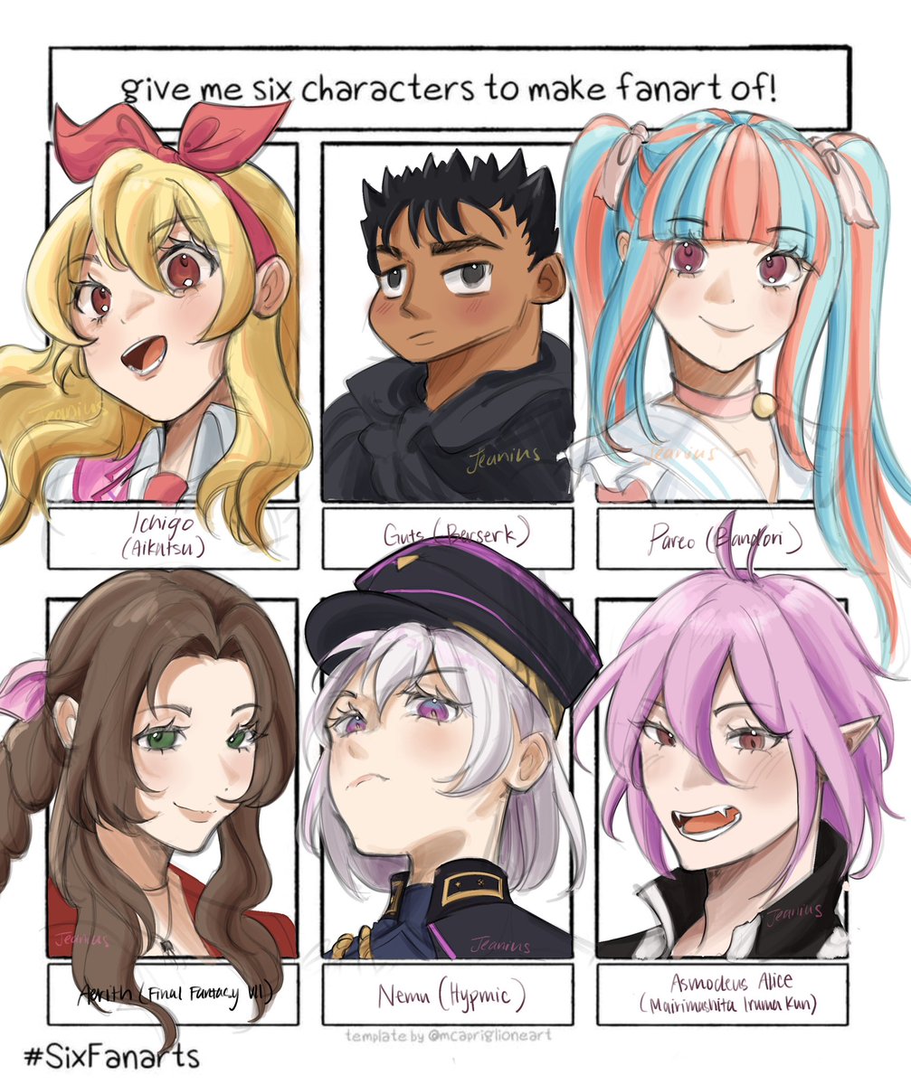 skiinnyjeans67's tweet photo. sorry i fixed a mistake… anyways WOOO thank you to those who gave a character request!!
#SixFanartsChallenge #aikatsu #pareo #FinalFantasyVIIRemake #hypmic #asmodeusalice https://t.co/3jiAcM7a7L