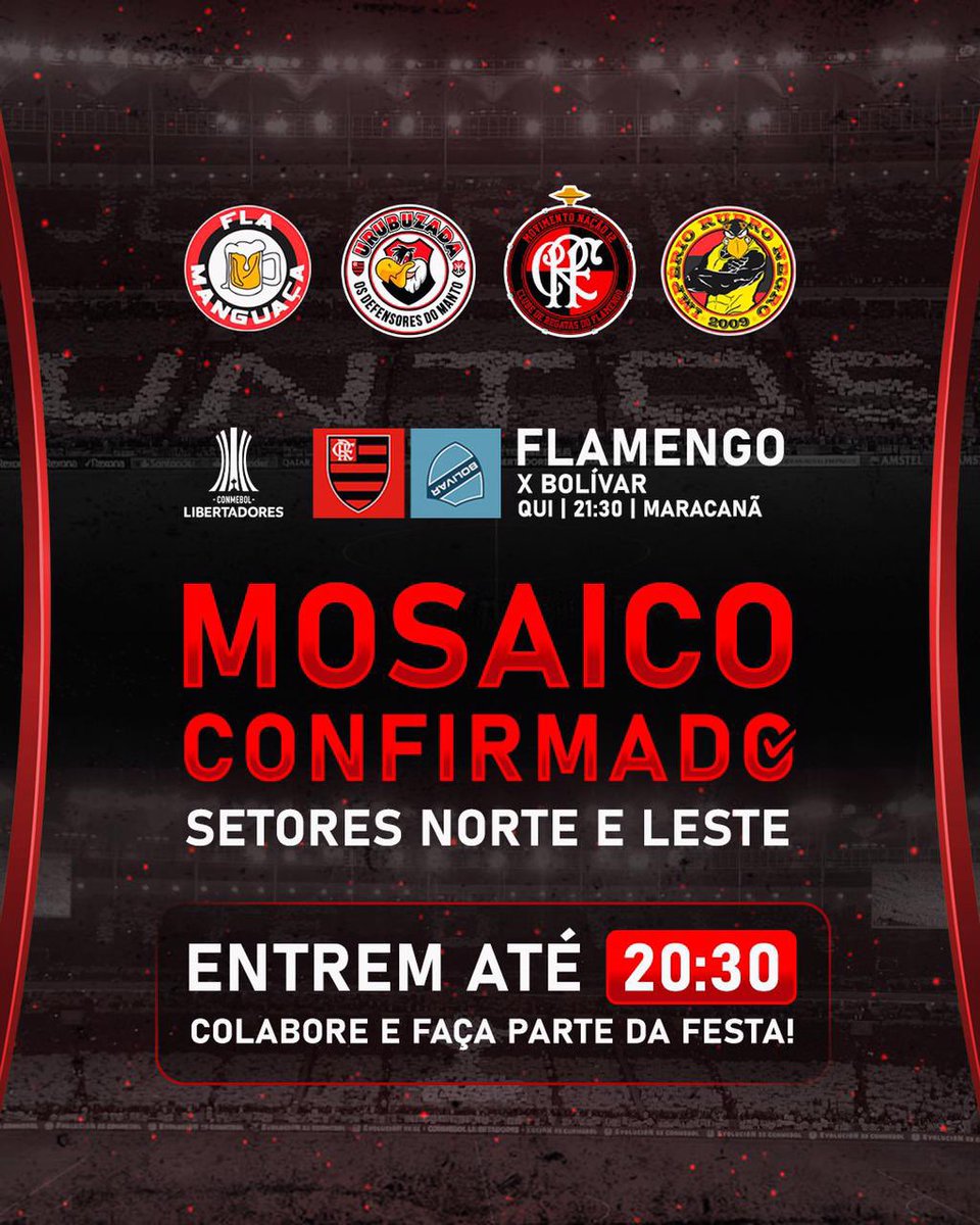 FlaManguaca's tweet photo. QUINTA-FEIRA É LIBERTADORES 🏆

E estamos preparando um mega mosaico para receber o time no 1º jogo das oitavas de final. 

Cheguem cedo e participem da festa. 

O FLAMENGO depende de nós! 

#Flamengo
#ClubeDeRegatasDoFlamengo #CRF
#FlaManguaça 
#MaiorChoppDoBrasil 
#EmbriagadosPeloMengão 
#ConmebolLibertadores
#Libertadores #FLAxbol