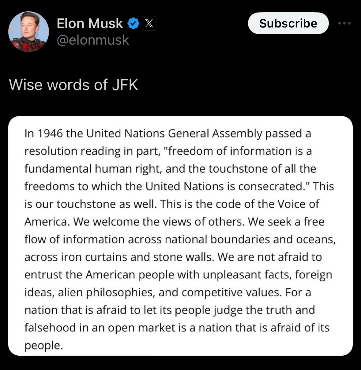 Jesse Brenneman on X: "Elon sharing what he takes to be inspiring words  against censorship but which are in fact words in support of the founding  of a literal propaganda network is
