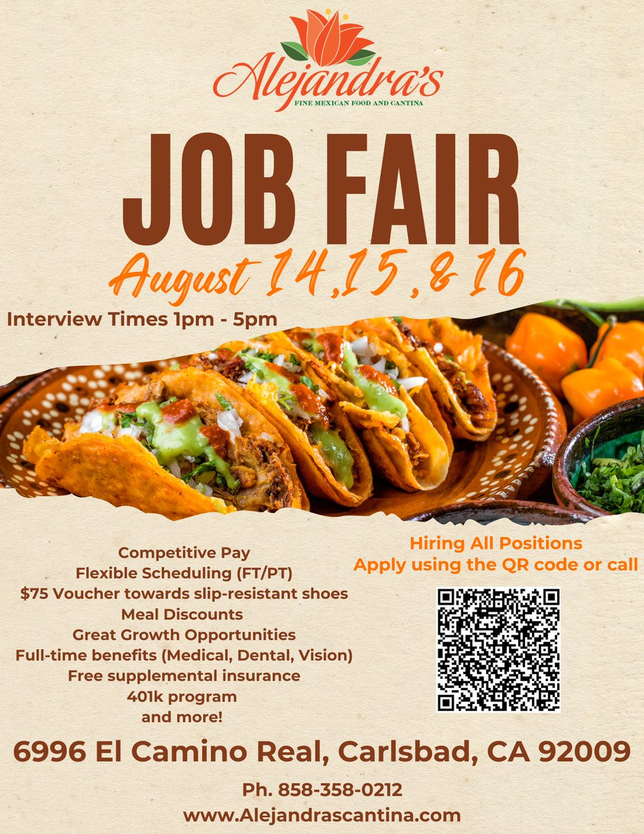 nickandgs's tweet photo. Passionate about food &amp; fun? Join our sister restaurant, Alejandra's as they reopen! 

Alejandra's is hosting a hiring event for ALL POSITIONS on August 14-16 from 1–5 pm at 6996 El Camino Real. Let’s build a vibrant team together! #AllPositions #CarlsbadJobs #MexicanCantina https://t.co/ymlx2GGuVw