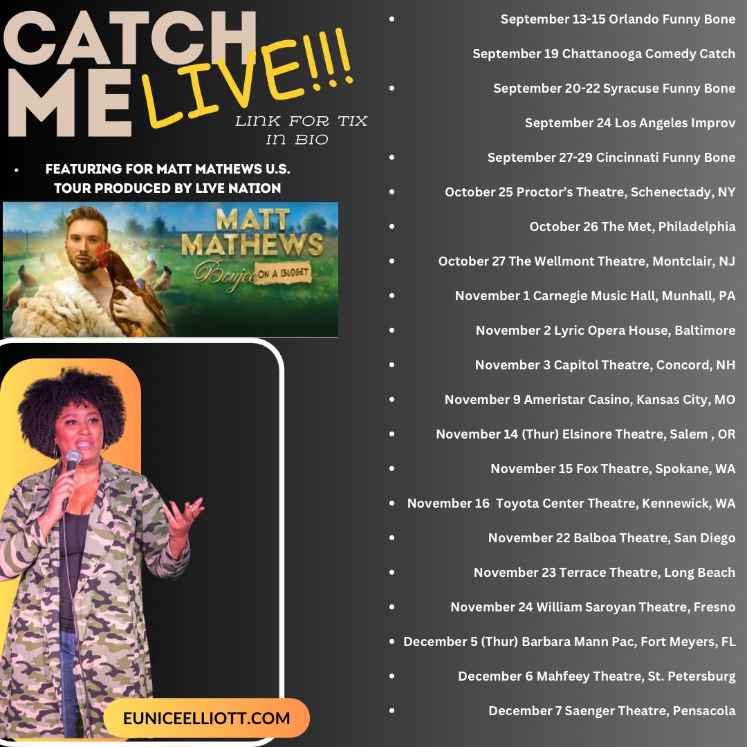 I’m featuring for my friend <a href="/matt_mathews/">Matt Mathews</a> on his @livenationcomedy tour!

There are a few other dates (September 19-Chattanooga Comedy Catch and September 24 Los Angeles Improv) that are not part of Matt’s tour so get those tix directly from the club!!!
 
See ya’ll soon!!!!🦋