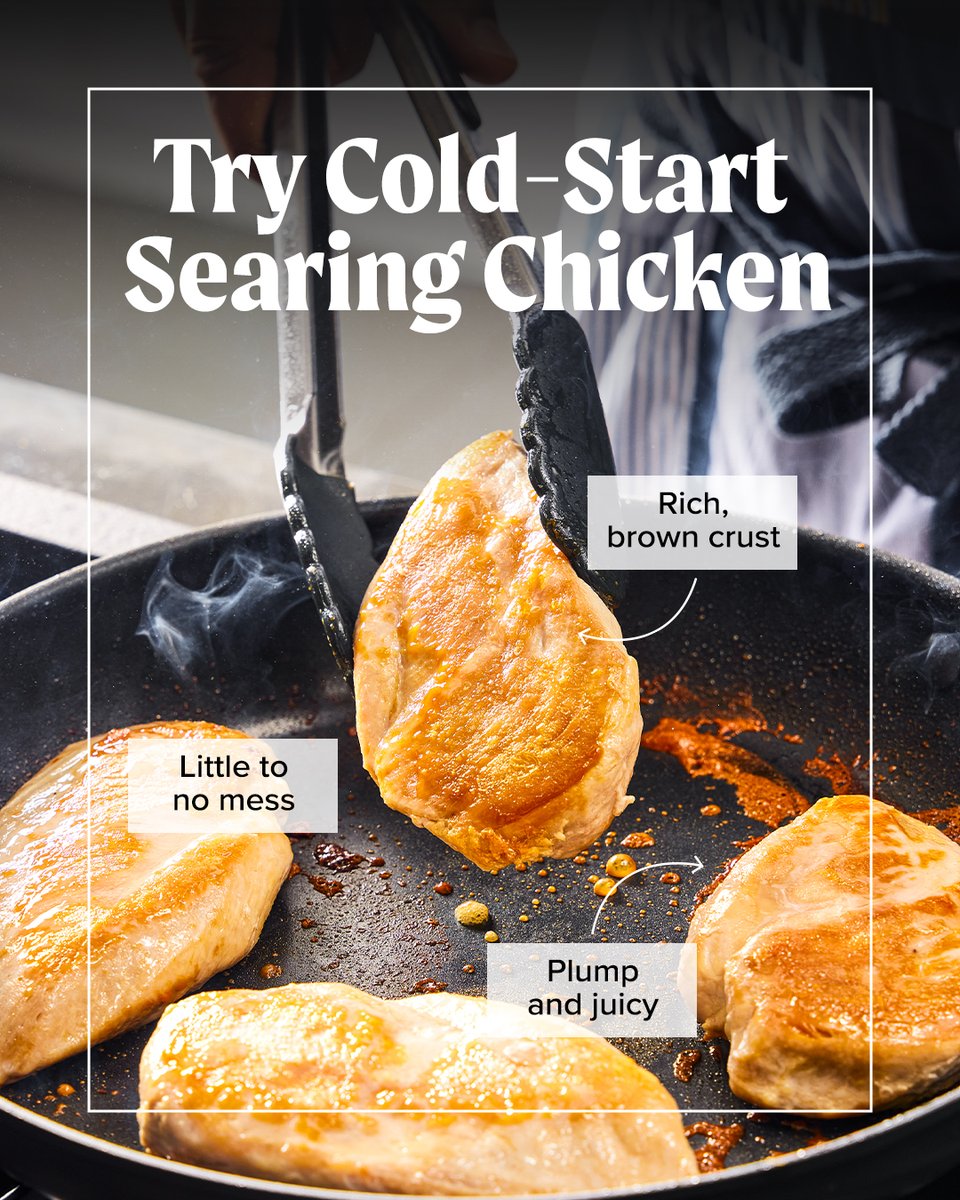 TestKitchen's tweet image. Cold-start searing creates exceptionally juicy meat with a nice brown crust. This innovative technique requires little to no mess as well as creating seared chicken that is golden from edge to edge: bit.ly/46ETfuB