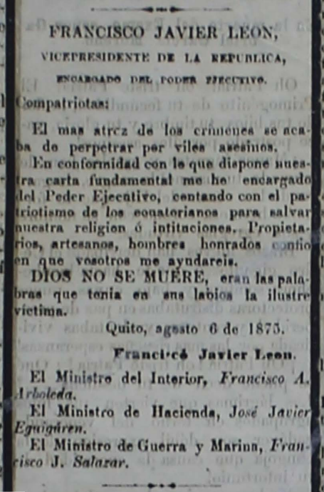 instgarciano's tweet photo. COMPATRIOTAS*

El más atroz de los crímenes se acaba de perpetrar por viles asesinos..
DIOS NO SE MUERE, eran las palabras que tenía en sus labios la ilustre víctima (GGM)

*Circular del 6-08-1875 de Fco. Javier León y publicado en los principales diarios del país, el 10-08-1875. https://t.co/65zT6mKpuJ