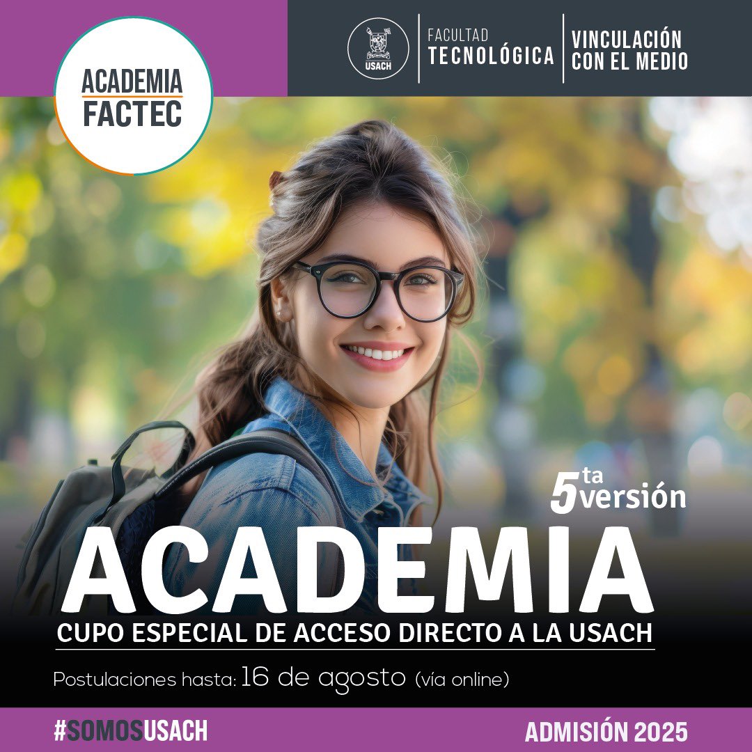 decytal_usach's tweet photo. 📣¡Se extendió el plazo de postulación!

Postula a la #USACH a través del Programa Academia y podrás ingresar a uno de las 10 carreras FACTEC, entre ellas Tecnología e Ingeniería en Alimentos.

Postula hasta el viernes 16 de agosto🦁

👉Más información en https://t.co/vQay1fJvrB https://t.co/QD2C0dm5Fd