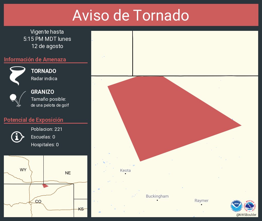 NWSBoulder's tweet photo. Aviso de Tornado incluye Weld County, CO hasta las 5:15 PM MDT https://t.co/7W9UoZZUpi