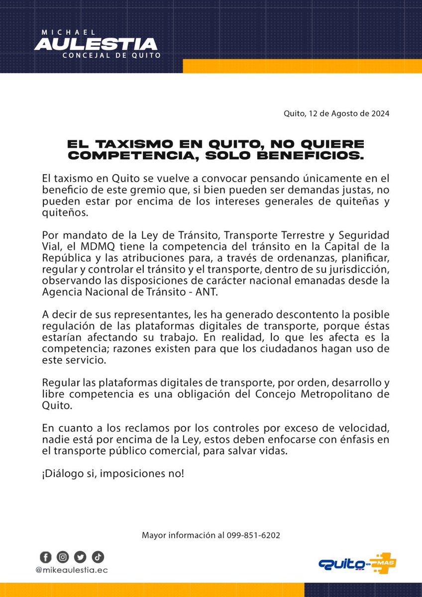 🔴#ATENCIÓN| Regular las plataformas digitales de transporte, por orden, desarrollo y libre competencia es una obligación del Concejo Metropolitano de
#Quito.
