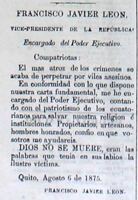 instgarciano's tweet photo. COMPATRIOTAS*

El más atroz de los crímenes se acaba de perpetrar por viles asesinos..
DIOS NO SE MUERE, eran las palabras que tenía en sus labios la ilustre víctima (GGM)

*Circular del 6-08-1875 de Fco. Javier León y publicado en los principales diarios del país, el 10-08-1875. https://t.co/65zT6mKpuJ