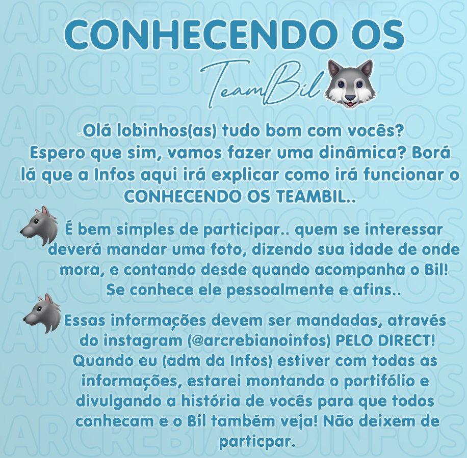 InfosArcrebiano's tweet photo. Boa noite galerinha! Espero que esteja tudo bem com vocês, e que todos tenham uma ótima semana! Bom assim como está escrito, eu adm da infos convoco aos #TeamBil que quiserem participar dessa dinâmica que será muito legal.. Irei divulgar a história de vocês + https://t.co/42HiUhNFFq