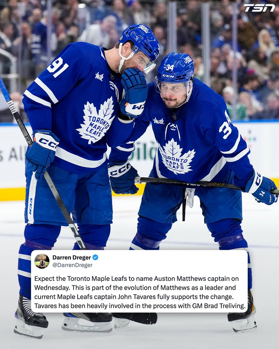 The Toronto Maple Leafs are expected to name Auston Matthews as team captain on Wednesday, according to TSN Hockey Insider Darren Dreger.