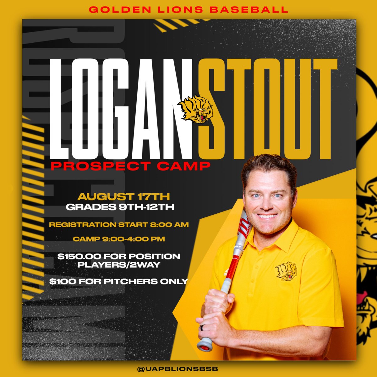 A few spots remaining! Registration link in the comments. PO’s arrive at 11:30am. <a href="/UAPBLionsBSB/">𝐆𝐨𝐥𝐝𝐞𝐧 𝐋𝐢𝐨𝐧𝐬 𝐁𝐚𝐬𝐞𝐛𝐚𝐥𝐥 ⚾️</a> <a href="/UAPBLionsRoar/">𝐆𝐨𝐥𝐝𝐞𝐧 𝐋𝐢𝐨𝐧𝐬 𝐀𝐭𝐡𝐥𝐞𝐭𝐢𝐜𝐬</a>