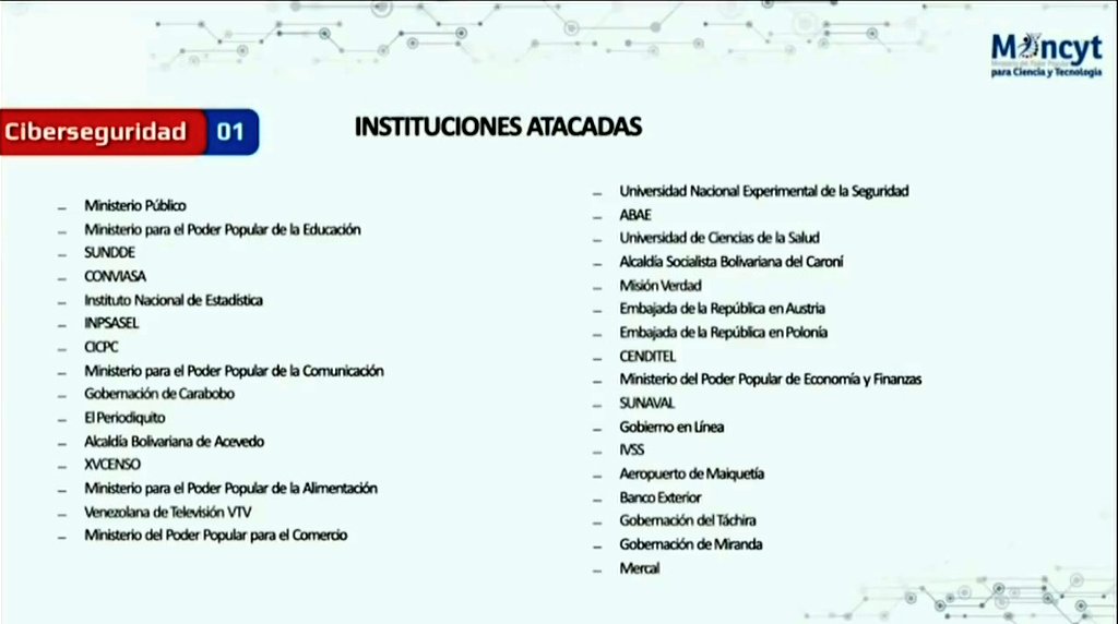 OrlenysOV's tweet photo. 🧵 Acá el listado de instituciones del Estado venezolano que han recibido ataques cibernéticos (+datos).

Entre las principales, se encuentran: CNE, Banco Central (BCV), TSJ, PDVSA, Sistema Patria, CANTV, Saime, Conviasa, entre otras.

Fuente: Gabriela Jiménez @Gabrielasjr, Ministra del Poder Popular para Ciencia y Tecnología, durante la reunión del Consejo de Defensa de la Nación y Consejo de Estado. #12Ago