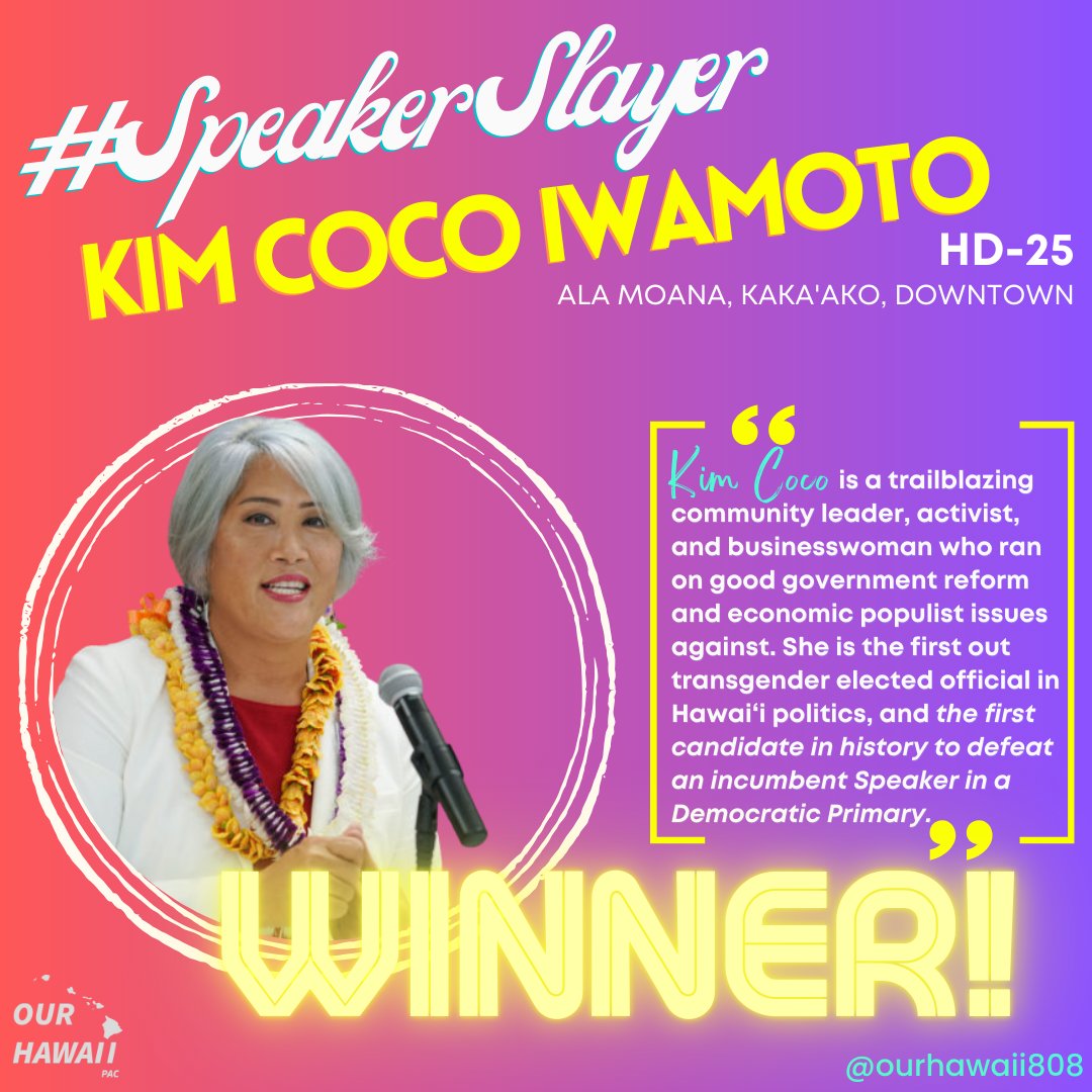 HUGE update here in Hawaii politics. 

Kim Coco Iwamoto defeated incumbent House Speaker Scott Saiki to become the first person in Hawai'i or US HISTORY to defeat an incumbent Speaker in a Dem Primary.

It's an earthquake of a result that reflects an electorate hungry for change.