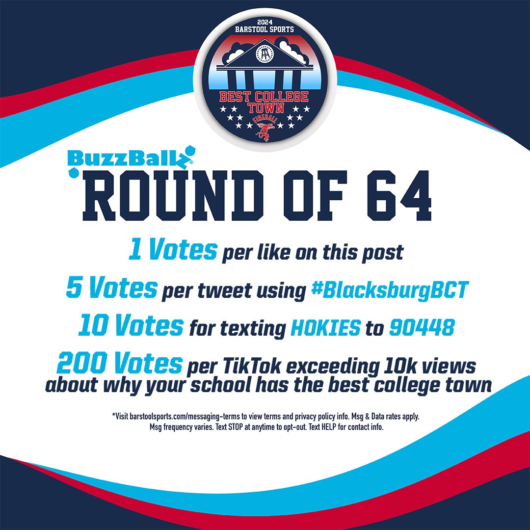 BarstoolVTech's tweet photo. 🚨Blacksburg! Voting has Begun for the BEST COLLEGE TOWN!!!🚨 

Make sure to TEXT HOKIES to 90448 and Confirm YES to be entered for the PS5 GIVEAWAY

@FireballWhisky Best College Town Round of 64 presented by @BuzzBallz

#BlacksburgBCT https://t.co/WS7h6QME8p