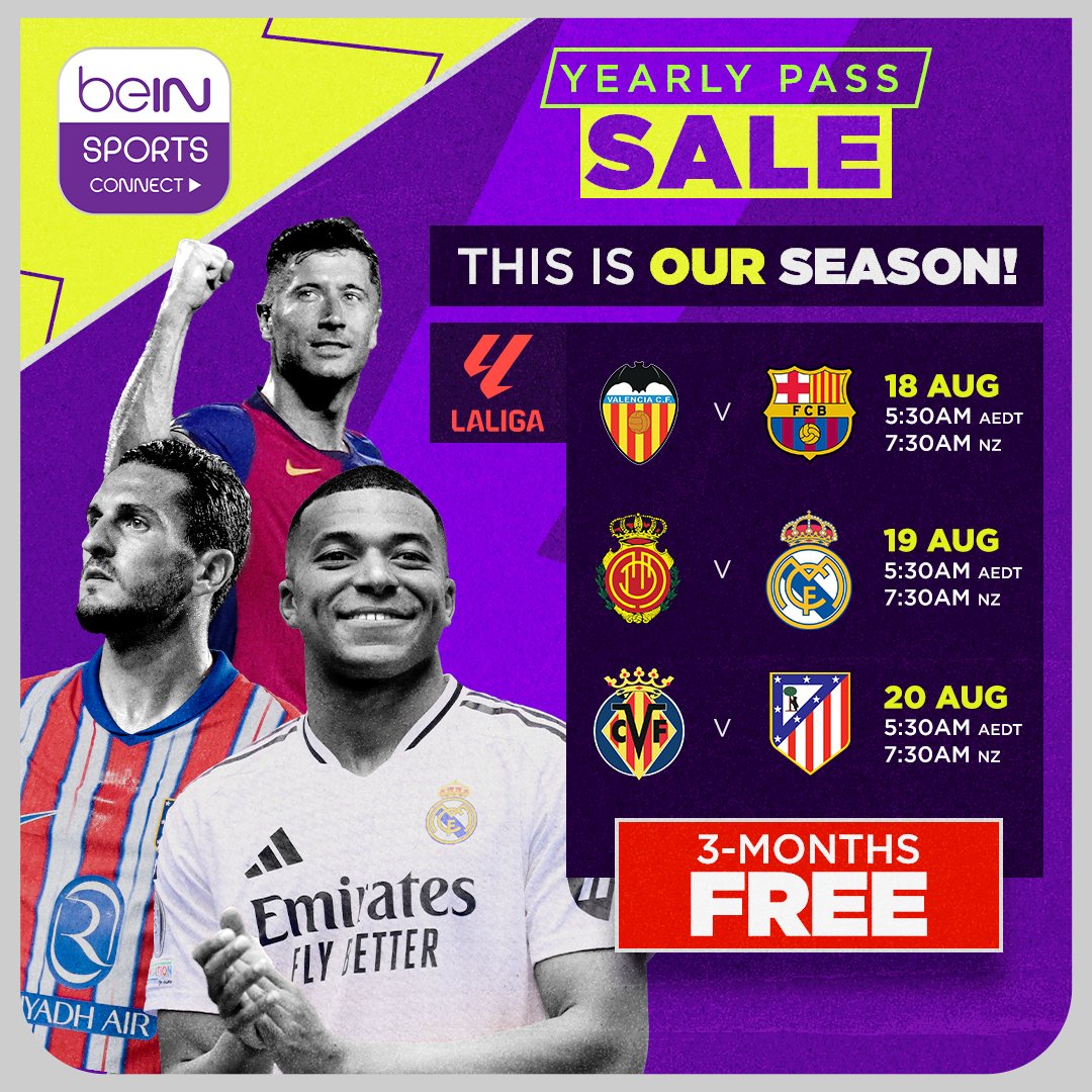 beINSPORTS_AUS's tweet image. 🎉@LaLiga  is back LIVE on beIN in 24/25 &amp;amp; to celebrate the return of some of football's iconic clubs &amp;amp; players, we’re offering 3️⃣ months FREE on a yearly subscription!

🔥 Or start with a 7-day FREE trial, just in time for the weekend! 👉 tinyurl.com/nhjnf5t9