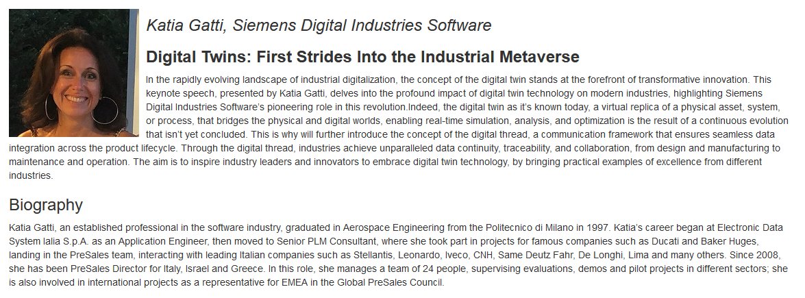 Happy to share that Katia Gatti from Siemens Digital Industries Software will give a keynote <a href="/EDTconf/">EDTconf</a> #EDTconf24 on Tue, 24.9. about #DigitalTwins and the #Industrial #Metaverse! 
More info here: infohttps://conf.researchr.org/info/edtconf-2024/keynotes
