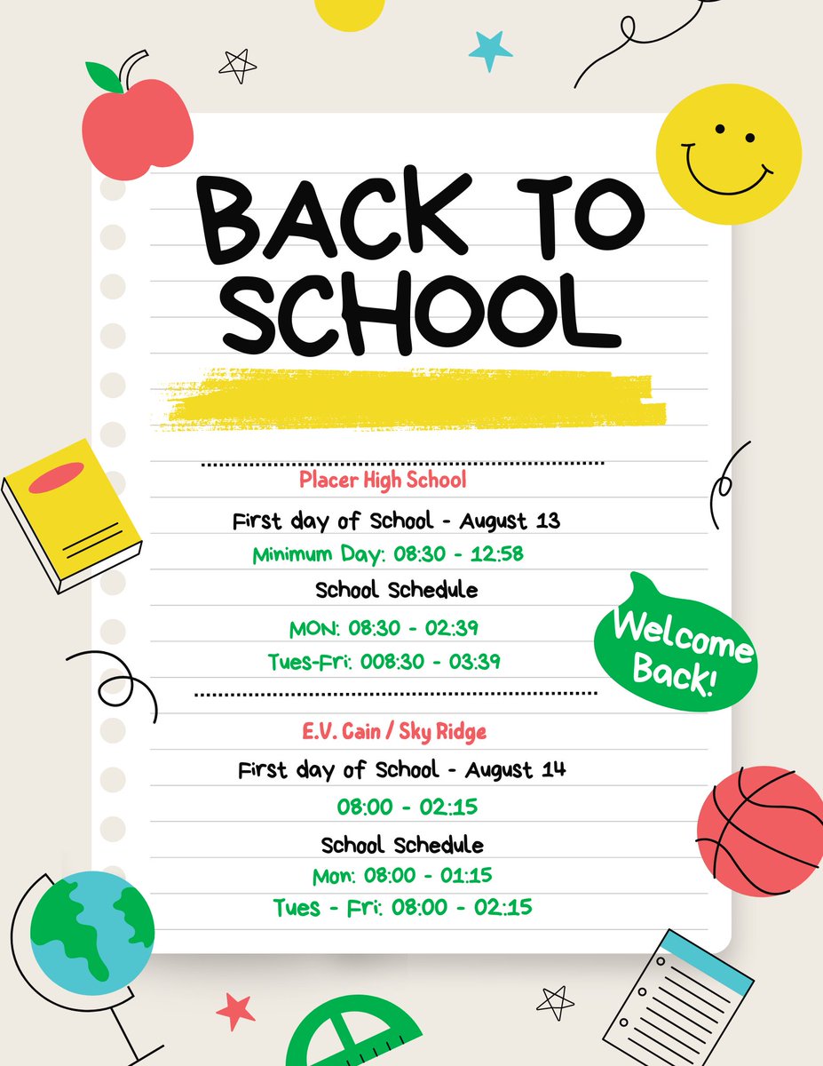 Placer High School is back in session tomorrow! 📚  Sky Ridge and Ev Cain are back in session Wednesday!

Please plan accordingly, expect traffic delays, and most importantly, watch for pedestrians. Our officers will be out in full force to ensure everyone's safety.