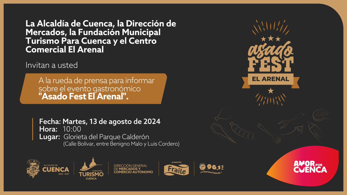 Mercados_Cuenca's tweet photo. 🥳Se viene el #AsadoFest🔥🥩 con los comerciantes de El Arenal.
👉🏽Te esperamos mañana en la rueda de prensa para que conozcas más detalles de esta deliciosa actividad.
🗓 Martes, 13 de agosto de 2024.
🕙 10:00
📍 Glorieta del Parque Calderón
@czamoramatute
@DiegoCedilloA https://t.co/kqZ9DlncXP