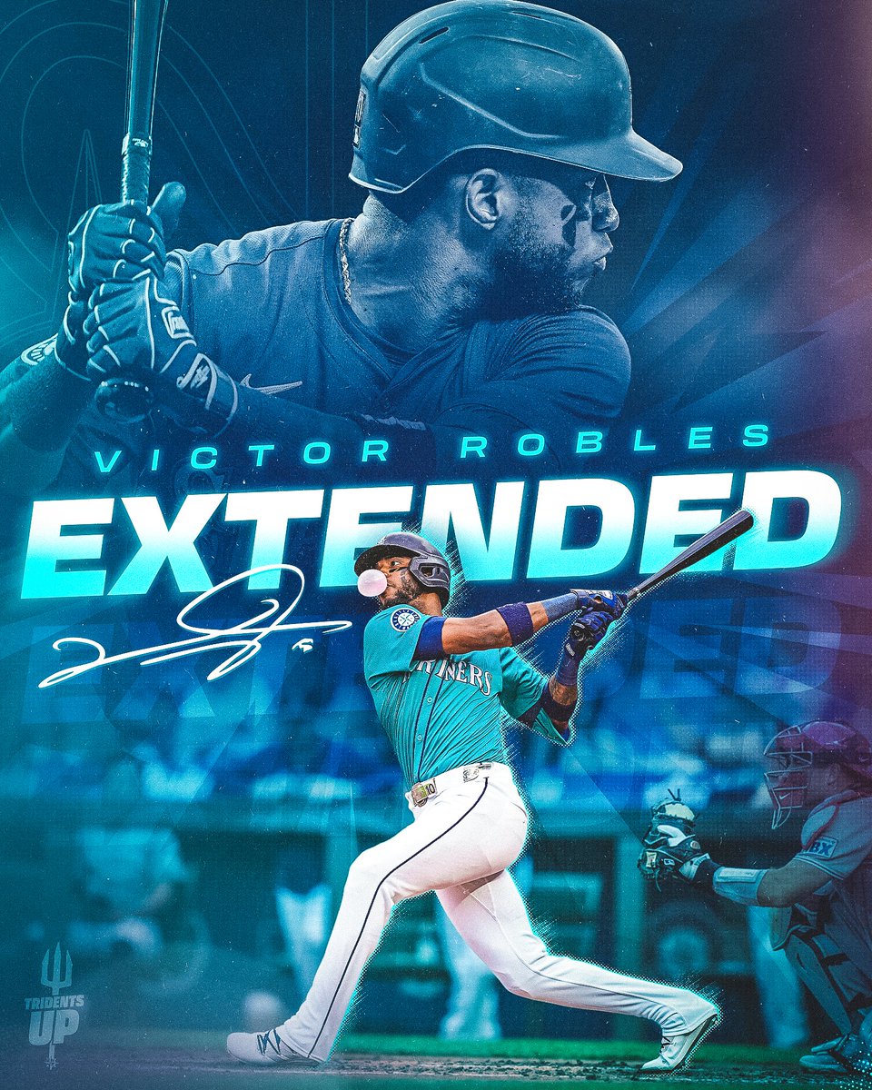 Mariners's tweet photo. Victor’s staying in Seattle!

We have signed outfielder Victor Robles to a two-year extension through 2026, with a team option that runs through the 2027 season. #TridentsUp

🔗 https://t.co/ri8rdkgf18 https://t.co/bgEeVS1LLK
