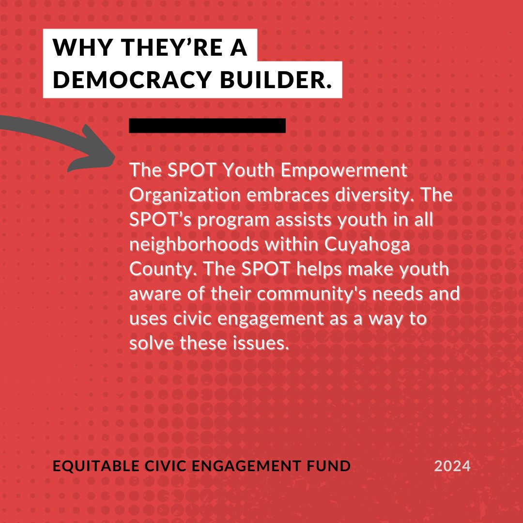CLEVotes's tweet image. Today, we&apos;re introducing our #ECEF Grantee 🎉

The SPOT Youth Empowerment Organization provides young leaders with the knowledge and skills to become civic minded young adults and to train other motivated young leaders in their community.