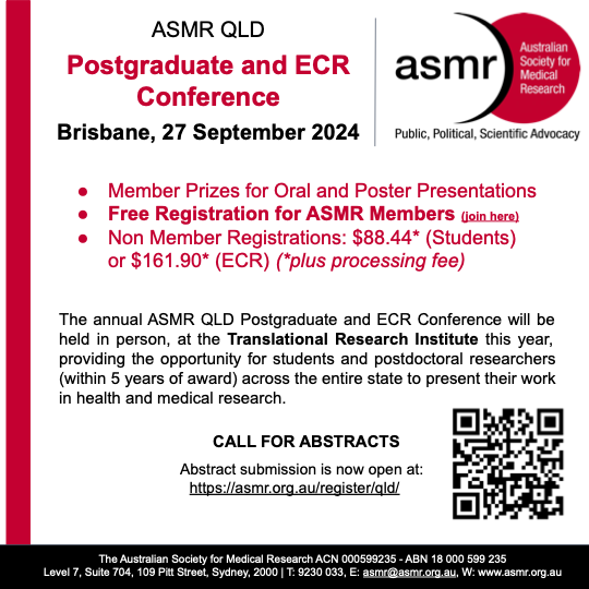 TheASMR1's tweet photo. Attention QLD students &amp; ECRs! Registration and abstract submission for the ASMR QLD Postgraduate and ECR Conference is now open! Apply now to compete for ASMR member awards and prizes!
📣ABSTRACTS CLOSING SOON!📣 https://t.co/hP4L7XCN1I