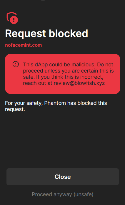 NofacemintCom's tweet photo. 🚀 Great News, #NoFaceMint Community! 🚀

The warning message about our site being potentially malicious has been fully resolved! 🎉

https://t.co/z0bdPExVjN is now verified by Blowfish, so you can confidently create your tokens without any concerns.

Happy Minting!
#Crypto https://t.co/qrSY7gbTHi
