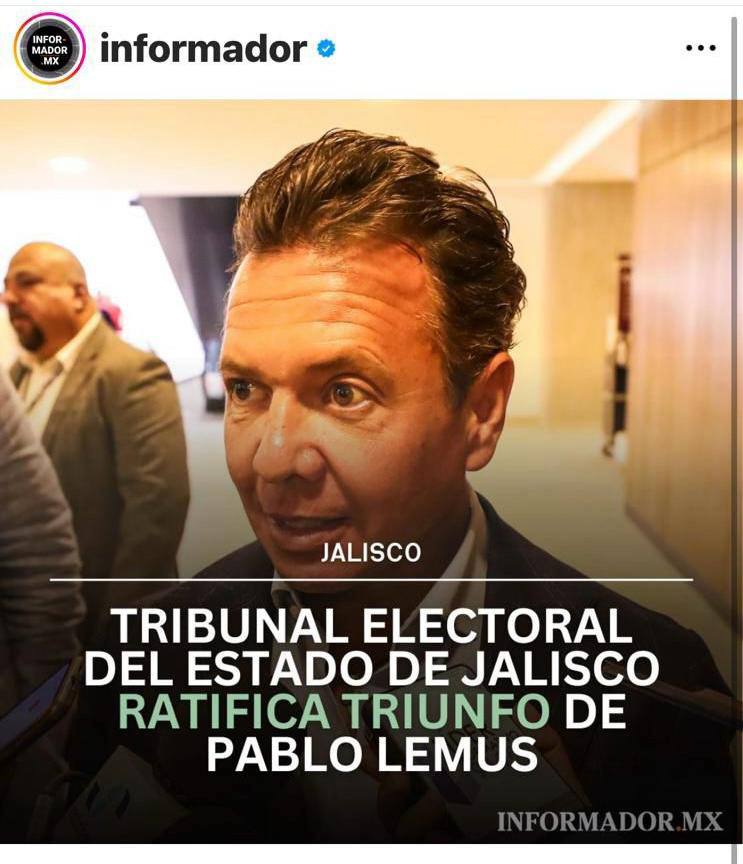 El Tribunal Electoral ratifica el triunfo de nuestro gobernador electo, <a href="/PabloLemus/">Pablo Lemus</a>, y nuestra presidenta de Guadalajara, <a href="/VeroDelgadilloG/">Verónica Delgadillo</a>. 
Siempre en defensa de la voluntad ciudadana y de las instituciones democráticas.

La elección en Jalisco debe ser respetada.