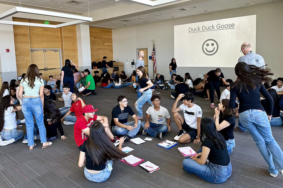 OCAwolves's tweet photo. Freshmen Team-building at the end of their first day of high school. Even high school kids love “duck duck goose” or “pup pup wolf” as we like to call it at OCA. Few carpet burns as it got competitive towards the end🤣 #ECISDFirstDay #ClassOf2028 https://t.co/kRw0CbajCa