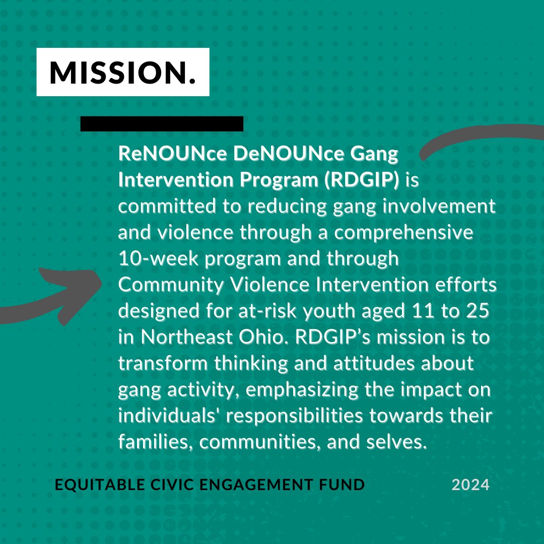 CLEVotes's tweet image. We&apos;re introducing our #ECEF Grantee🎉

ReNOUNce DeNOUNce Gang Intervention Program (RDGIP) reduces gang involvement and violence through a 10-week program and through Community Violence Intervention efforts designed for at-risk youth aged 11 to 25 in Northeast Ohio.
