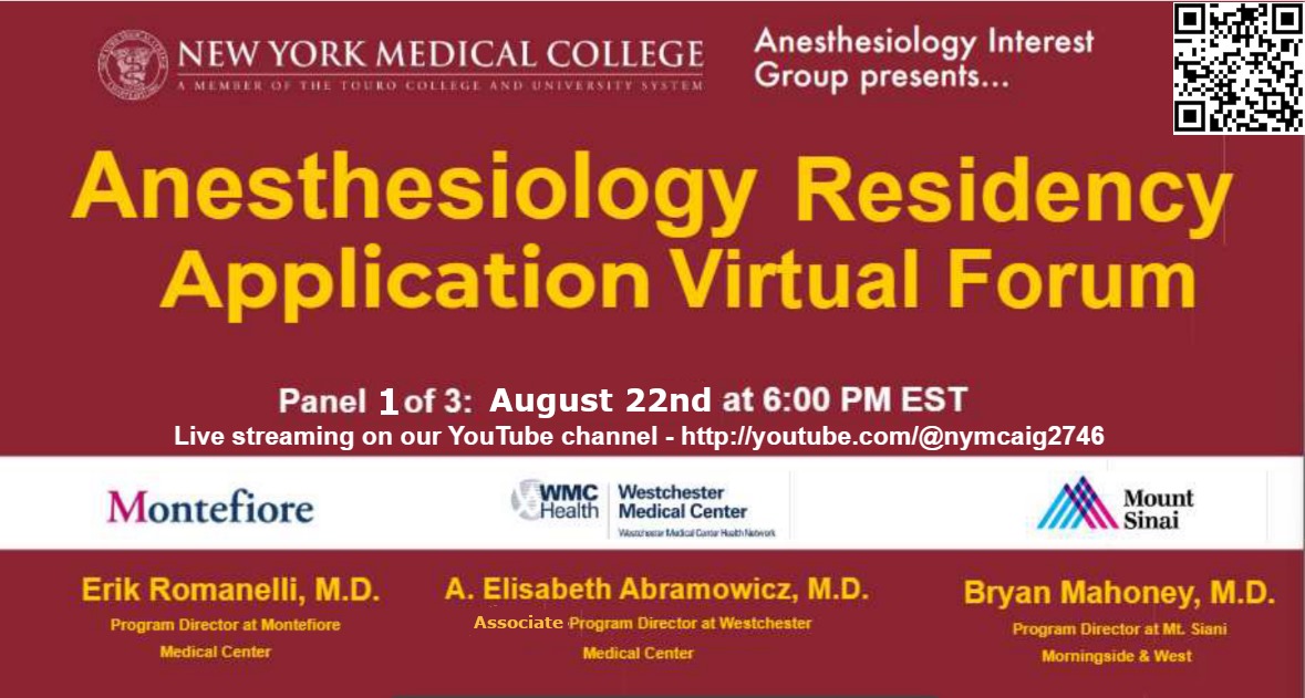 NYMCAIG's tweet photo. Hi all! The AIG at NYMC would like to invite you all to the 2024 Anesthesiology Residency Application Virtual Forum series. During this three-part series, you will get a chance to hear from PDs and residents from programs in the Northeast. Part 1 will take place 8/22/24 at 6pm! https://t.co/esYgbrmdqS