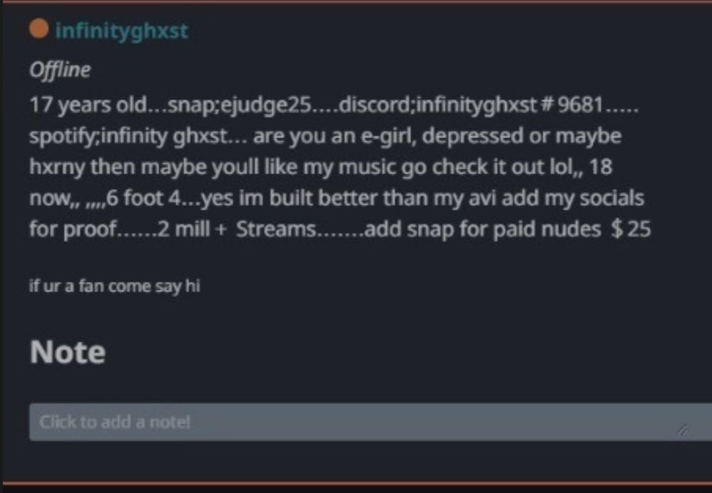 infinityghxst's tweet photo. i’ve found a conversation between me and ethan.
showing 0 remorse for what he’s been doing (this was a bio on one of his accounts that i sent to him) https://t.co/L1CIPGw6y8