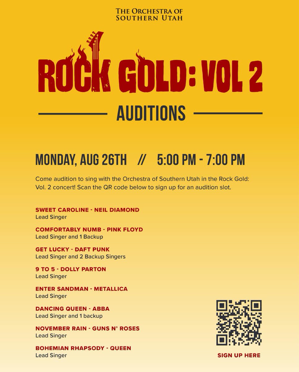 Event: Rock Gold Volume 2 Auditions
Date: Monday August 26, 2024
Time: 5:00 pm - 7:00 pm
(Cedar City location is emailed after registration)
Sign up: forms.gle/LVesNUFMTYKgaq…