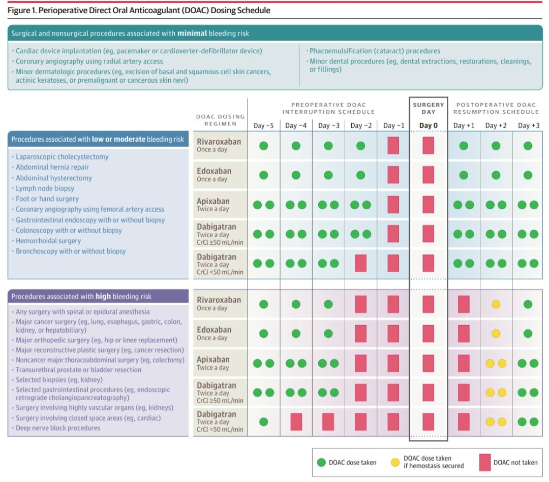 🟥Manejo perioperatorio de la terapia anticoagulante (ACOD). 🤔🔎🫀🩸
✨️<a href="/JAMANetwork/">JAMA Network</a> 2024💯
💊ACOD: inhibidores FXa (apixabán, edoxabán, rivaroxabán; vida media 8-12 hrs) y FIIa (dabigatrán ; vida media 10-14 hrs). Inicio de acción rápido 2-3 hrs. ✍️🏻
🔷️Riesgo mínimo🩸: no